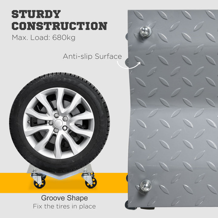 Two-Piece Car Wheel Dolly with Swivel Casters, Non-Slip Metal Plates, 680kg Capacity, Grey