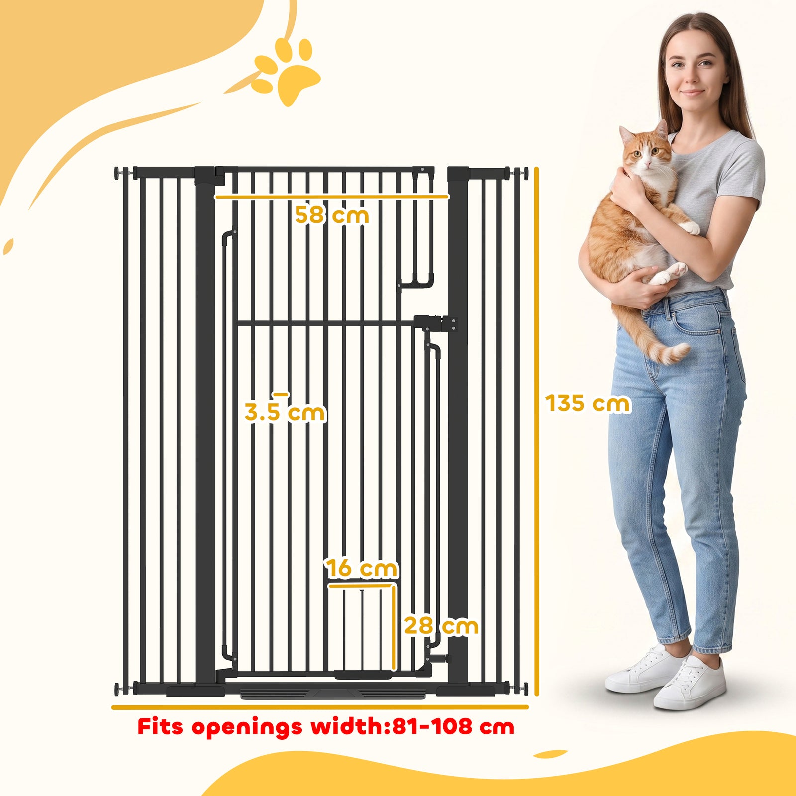 135cm Extra Tall Dog Gate with Cat Door, Fits Openings 81-108 cm Press