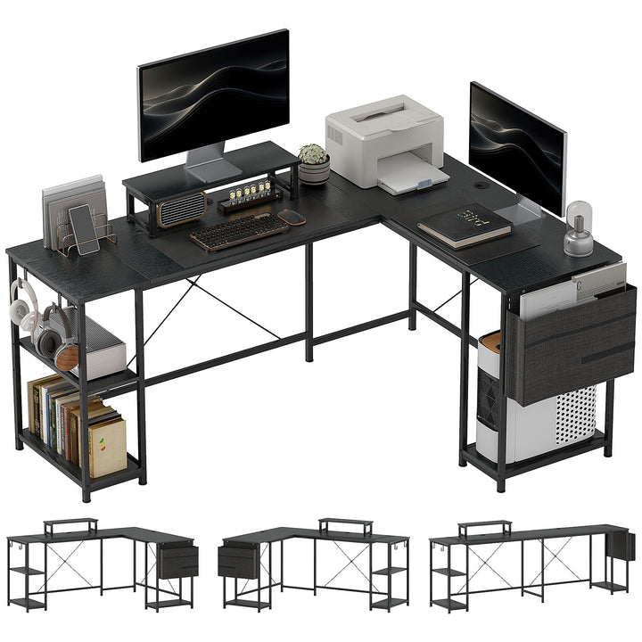 168cm Reversible L Shaped Desk, Industrial Corner Computer Desk with Adjustable Shelf and Storage Bag, 240cm 2 Person PC Table with Monitor Stand, Black