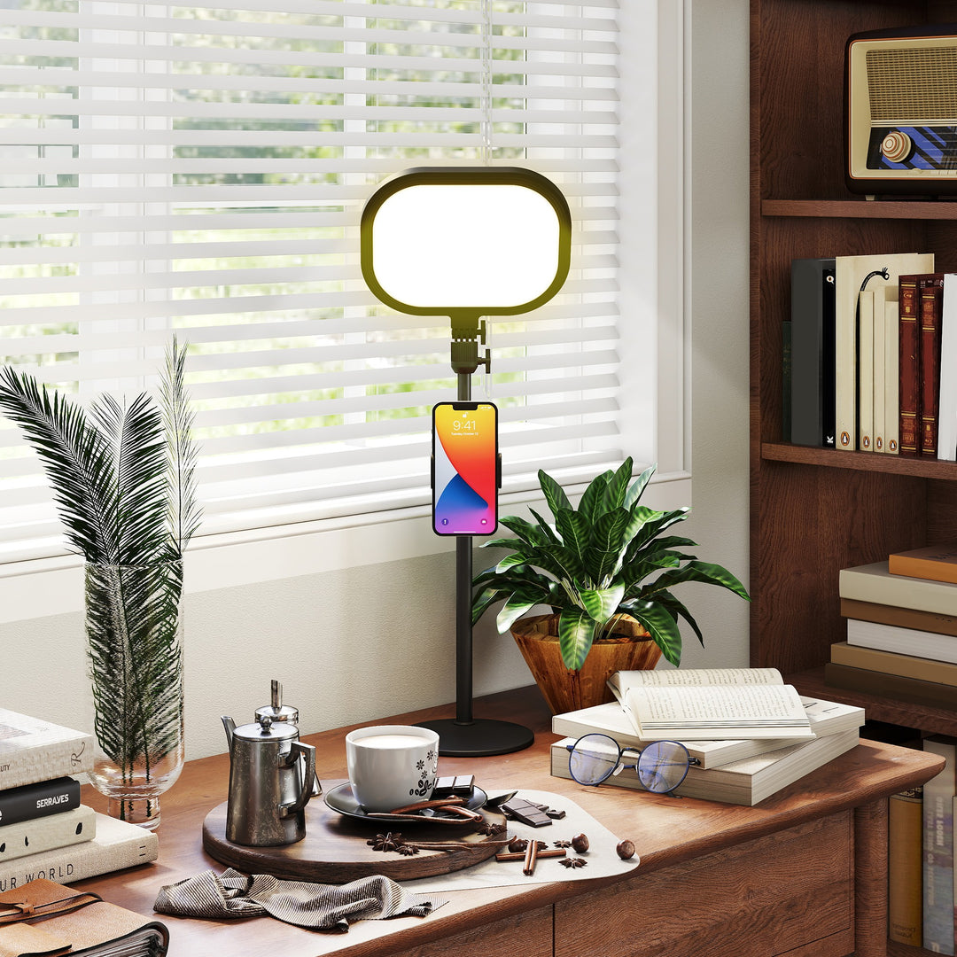 Selfie Light for Video Conference Lighting, Dimmable Desk Lamp with Stand Phone Holder, 5 Colour Modes & 10 Brightness Levels, Memory Function for Home Office, Recording, Video Calls, Black