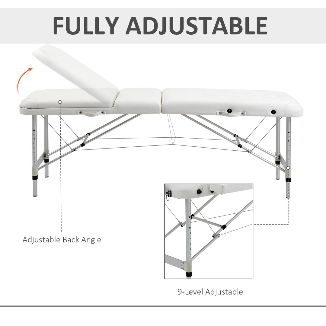 Foldable Massage Bed Portable Table, 3-Section Aluminium Foldable Beauty Couch, Professional Salon Spa Table with Headrest Support and Carry Bag, 81 cm Width, White