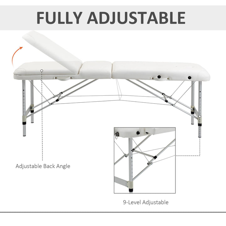 Foldable Massage Bed Portable Table, 3-Section Aluminium Foldable Beauty Couch, Professional Salon Spa Table with Headrest Support and Carry Bag, 81 cm Width, White