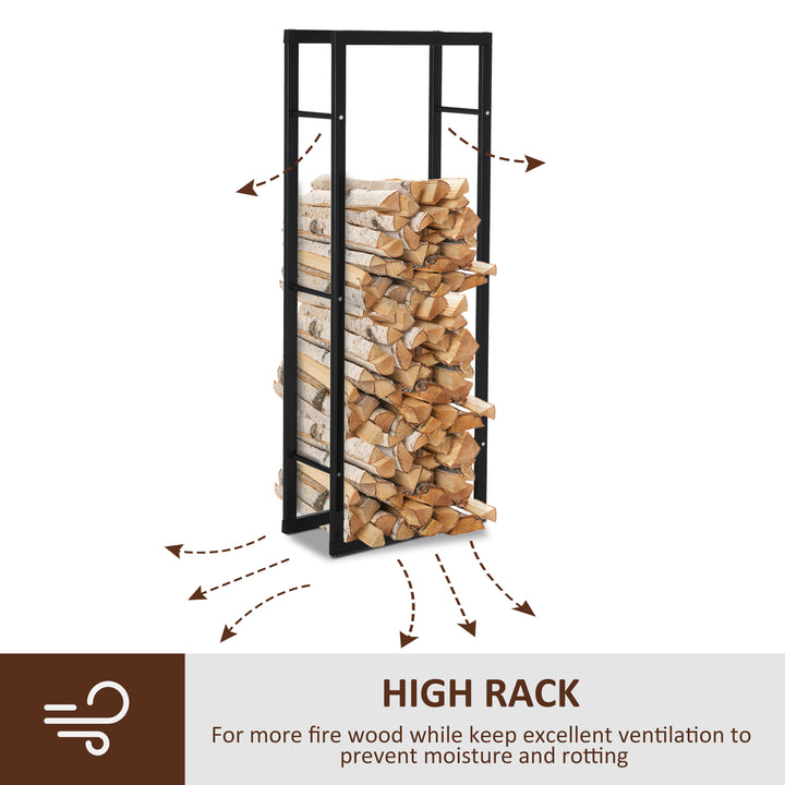 MCL Metal Firewood Log Holder Tall Firewood Rack Indoor Outdoor Fireplace Wood Storage Shelf with Side Rails, Rust-Resistant, Black, 40W x 25D x 150H cm