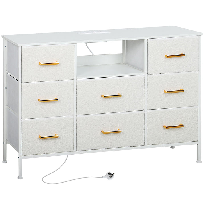 Boucle Chest of Drawers, 8 Fabric Drawers Storage Organiser with Charging Station, 2 USB and 2 AC Ports, Steel Frame, Fabric Dresser for Living Room, Bedroom, Hallway, Cream White