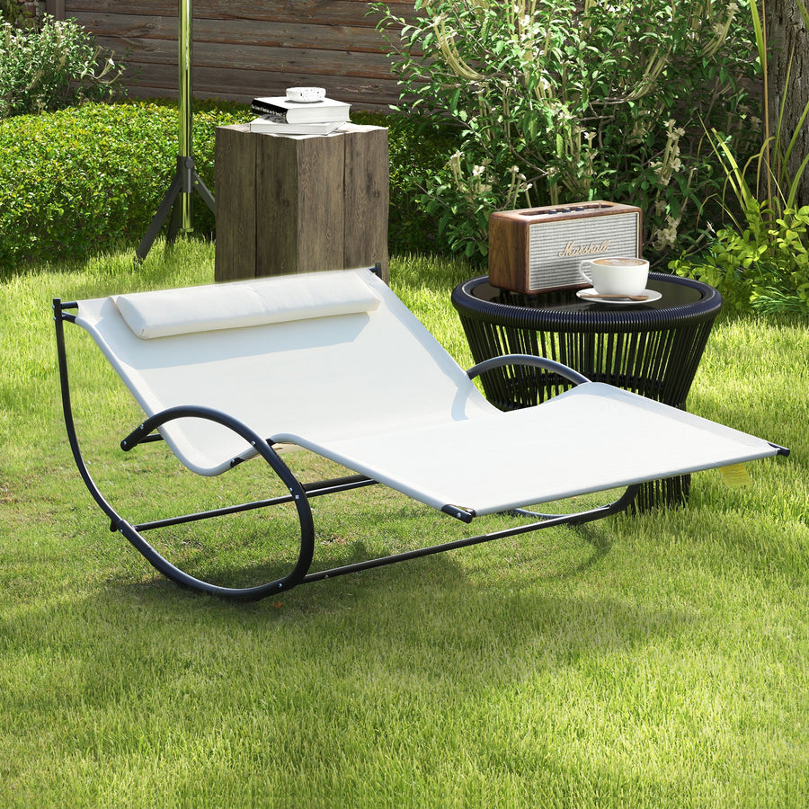 Double Sun Lounger, Rocking Lounger Sunbed Daybed with Armrest and Headrest Pillow, for Two, For Outdoor Patio Garden, Cream White