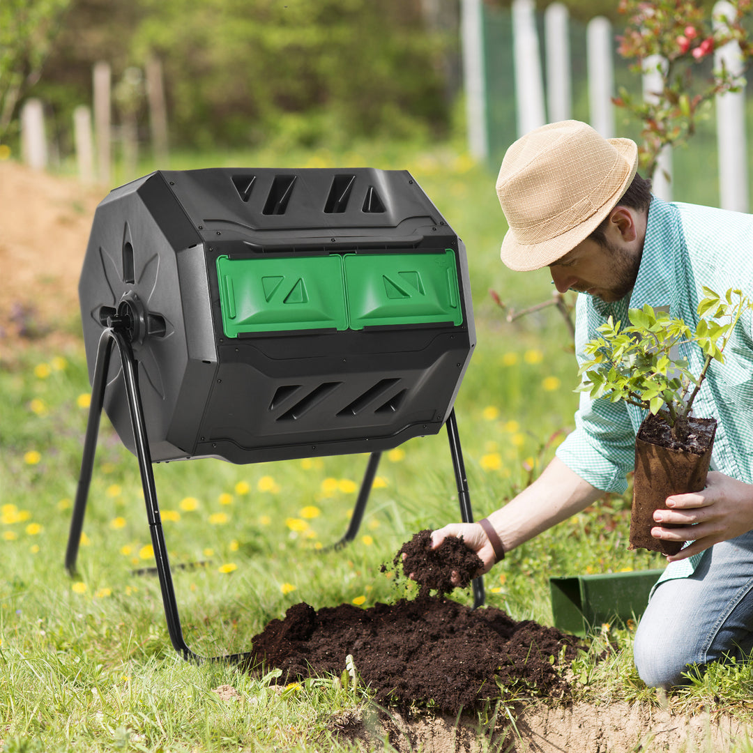 Outsunny 160L Tumbling Compost Bin Outdoor Dual Chamber 360° Rotating Composter w/ Sliding Doors & Solid Steel Frame, Black