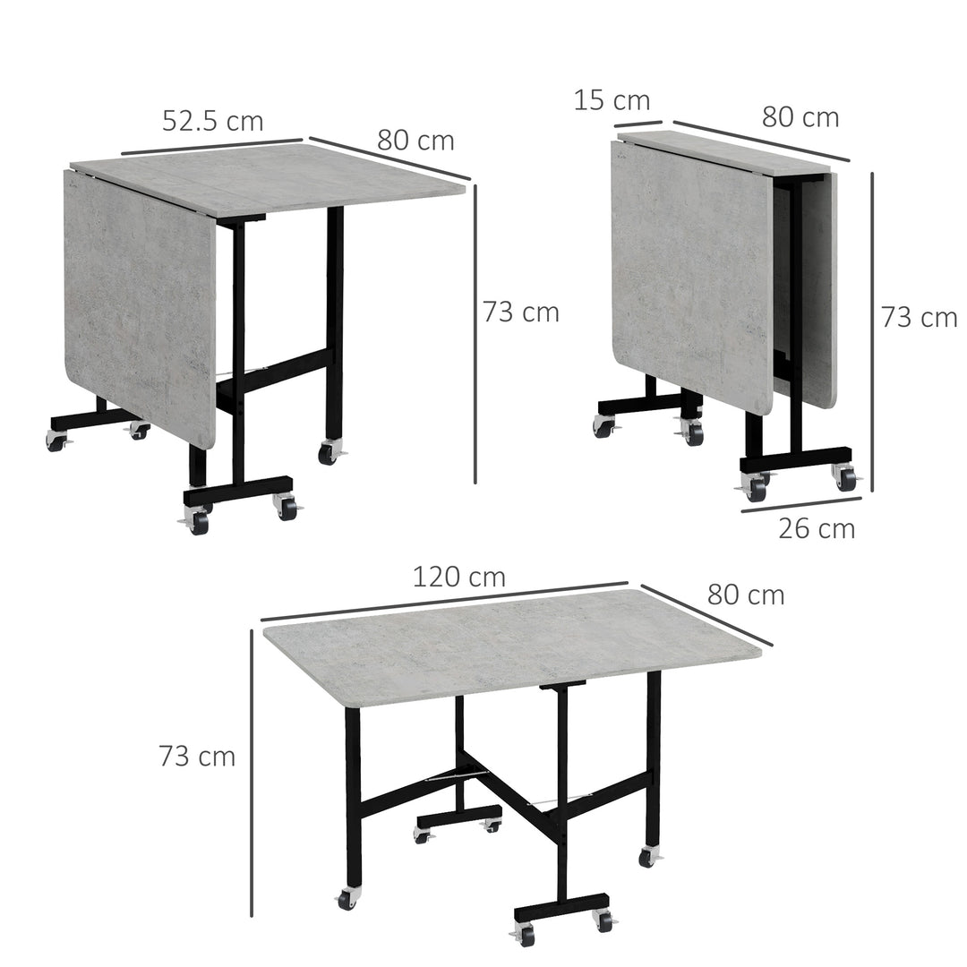 Mobile Drop Leaf Table, Folding Dining Table with 6 Wheels & Brakes, Kitchen Table for Small Spaces, Grey Marble Effect