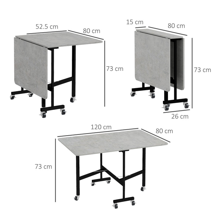 Mobile Drop Leaf Table, Folding Dining Table with 6 Wheels & Brakes, Kitchen Table for Small Spaces, Grey Marble Effect