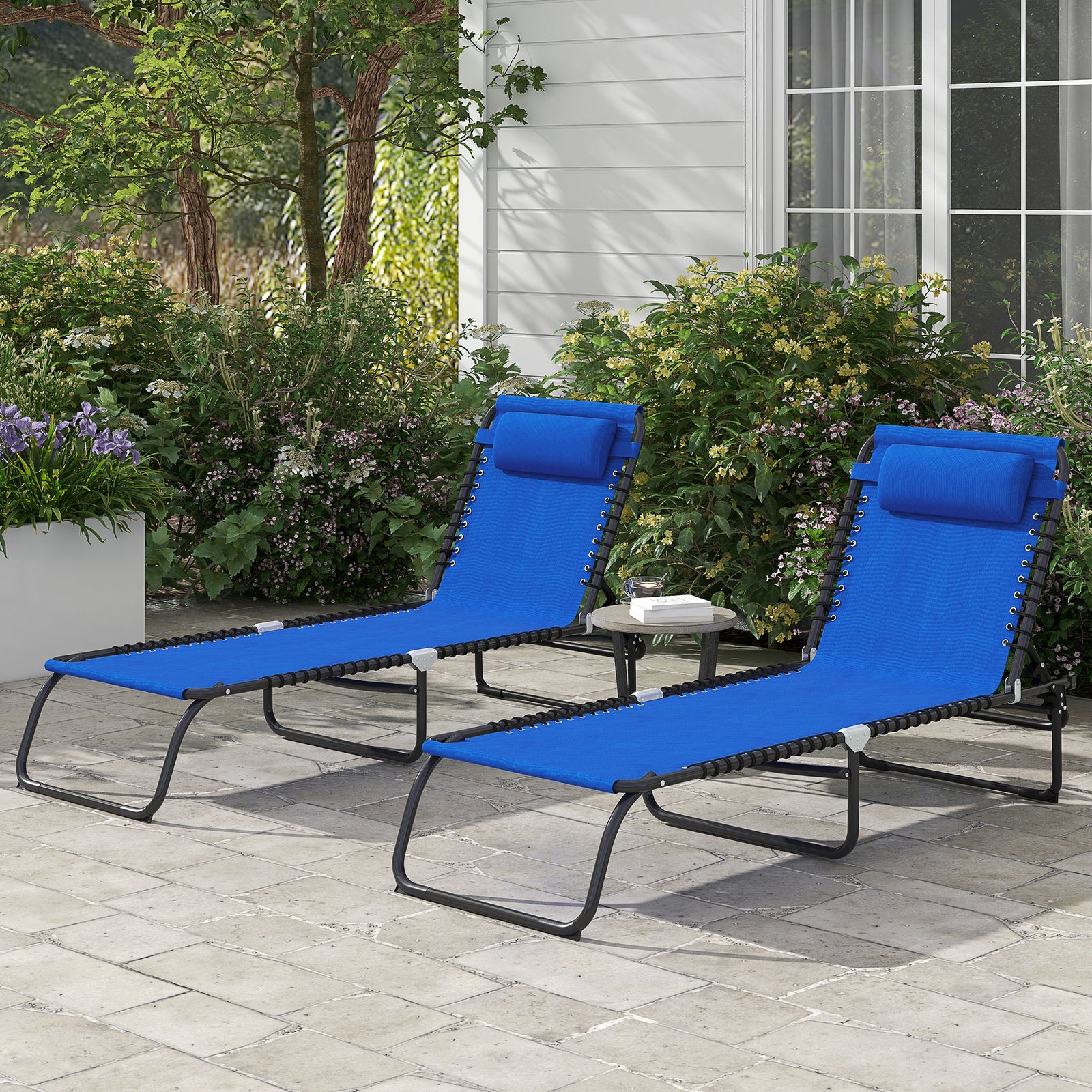 Set of Two Folding Sun Loungers, with Four-Position Backs - Blue