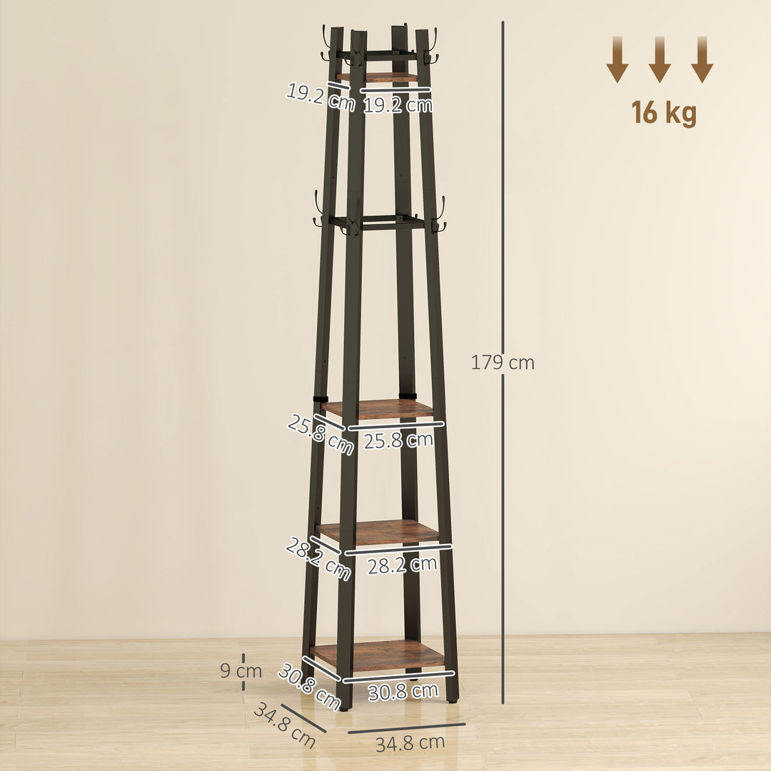 Industrial Coat Stand with 8 Hooks and 4 Shelves - Rustic Brown