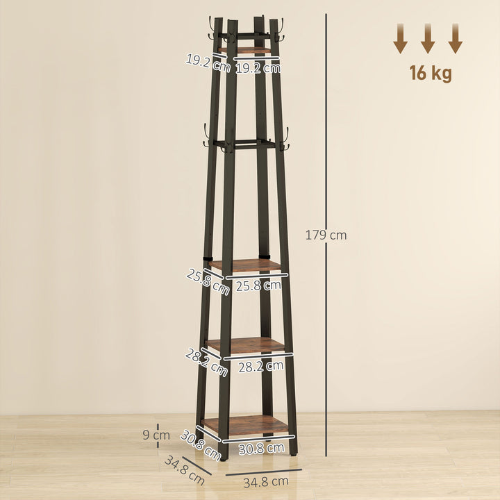 Industrial Coat Stand with 8 Hooks and 4 Shelves - Rustic Brown