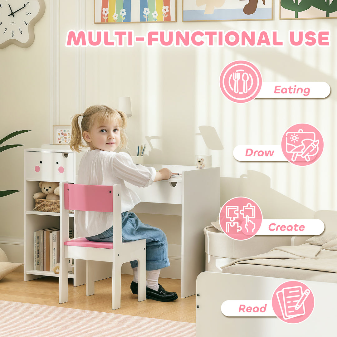 AIYAPLAY Rabbit-Themed Kids Desk and Chair Set with Bookcase, Drawers, Shelves, for Ages 3-6 Years, Whtie/Pink