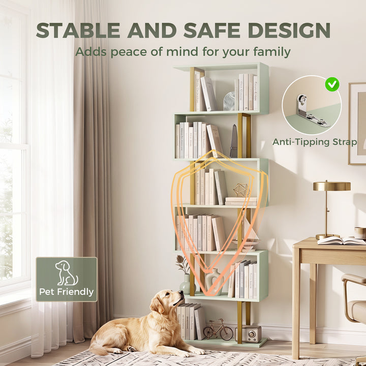 S-Shaped Bookshelf, 6-Tier Bookcase, Freestanding Storage Shelves with