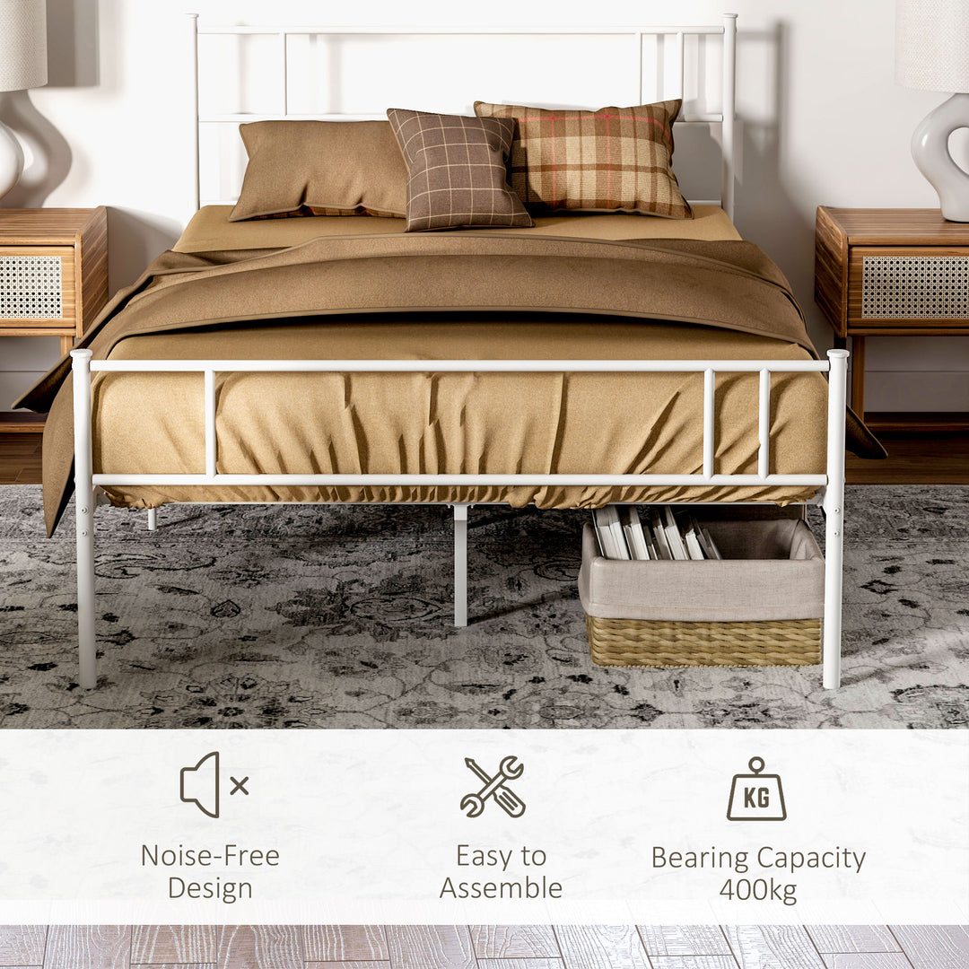 Double Metal Bed Frame Solid Bedstead Base with Headboard and Footboard, Metal Slat Support and Underbed Storage Space, Bedroom Furniture, White