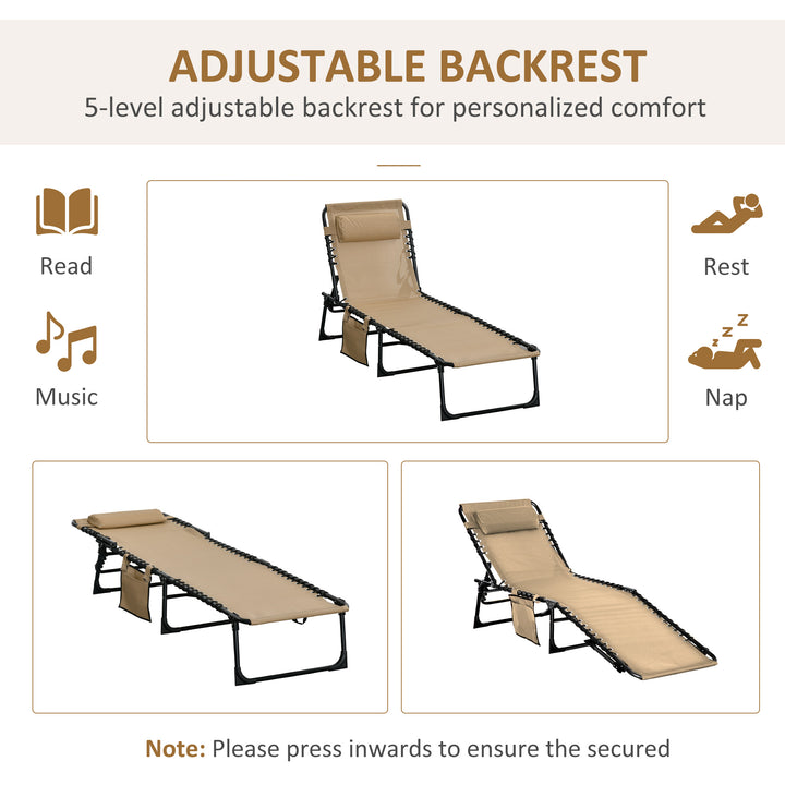 Portable Sun Lounger Set of 2, Folding Camping Bed Cot, Reclining Lounge Chair 5-position Adjustable Backrest with Side Pocket, Pillow for Patio Garden Beach Pool, Beige