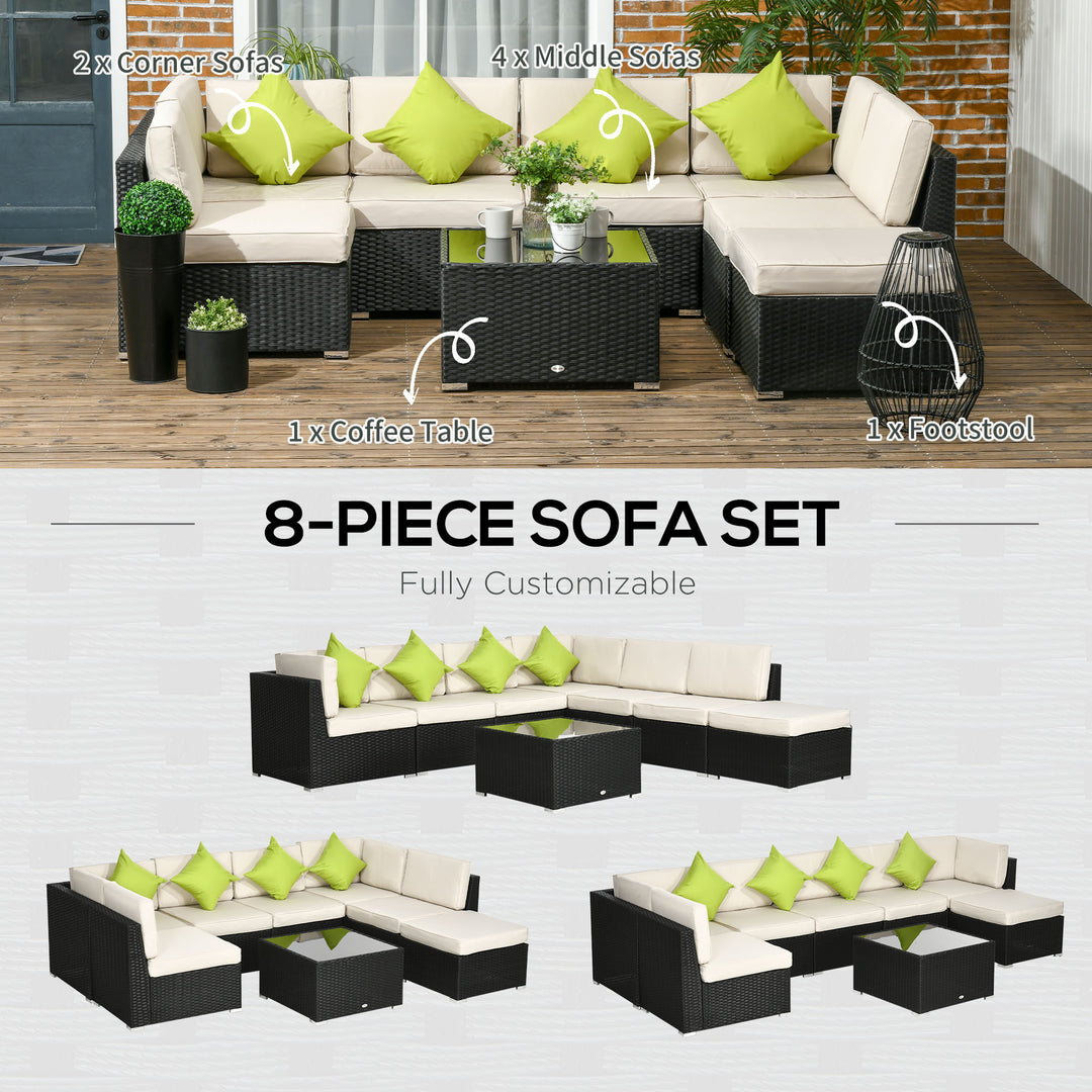 Outsunny 8 Pieces PE Rattan Corner Sofa Set, Outdoor Garden Furniture Set, Patio Wicker Sofa Seater w/ Cushion, Washable Cushion Cover, Black