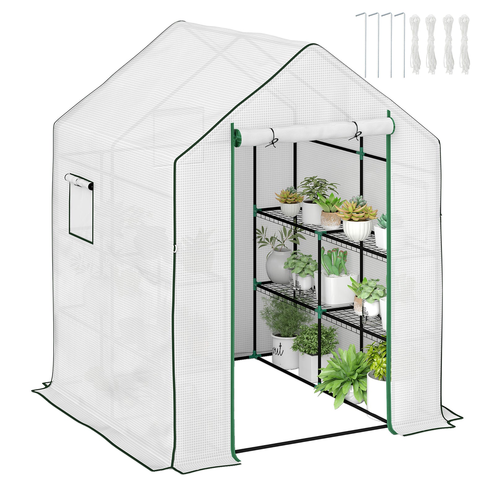 143 x 140cm Walk-In Greenhouse, with Accessories - White