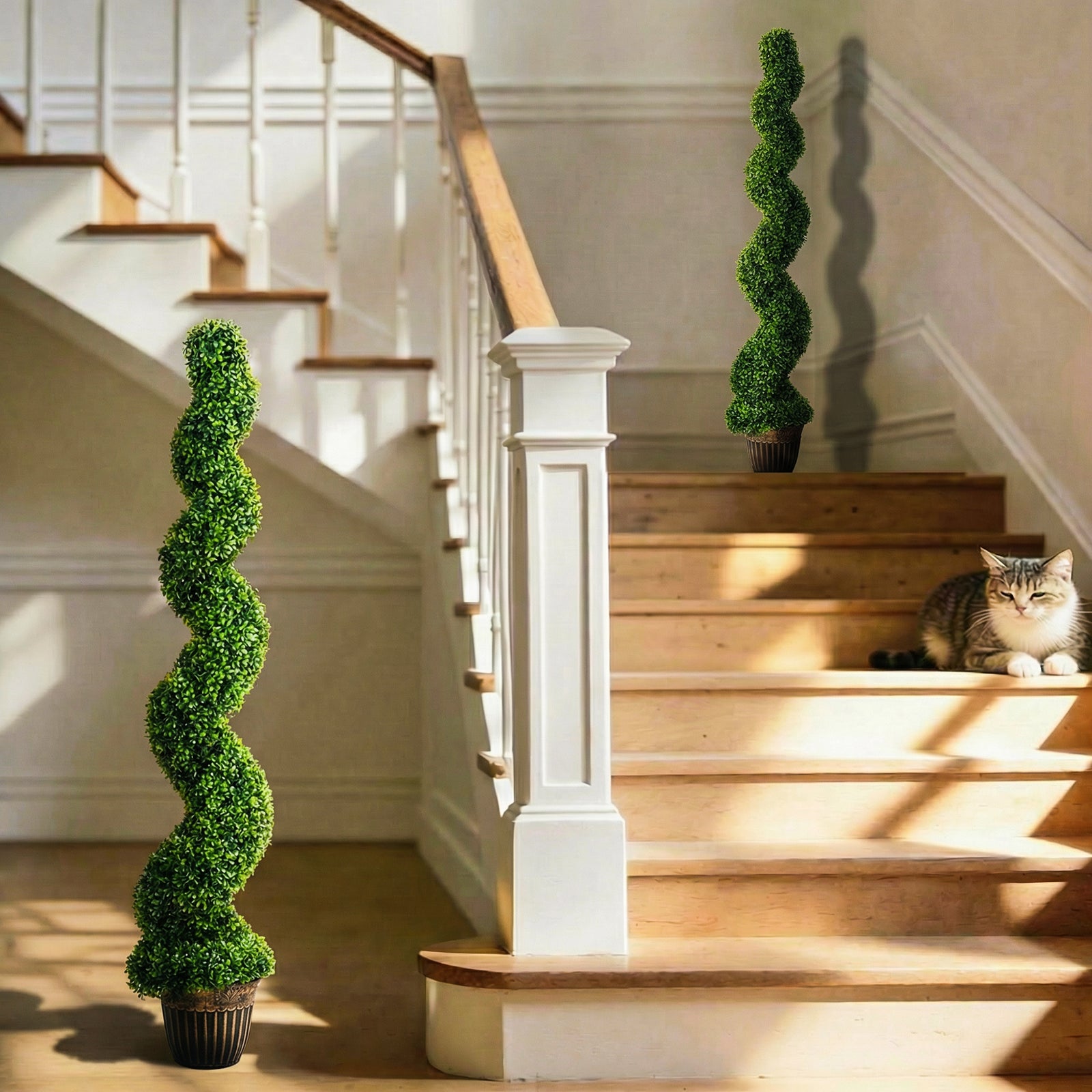 Set of 2 Artificial Plants, Topiary Spiral Boxwood Trees with Pot, for