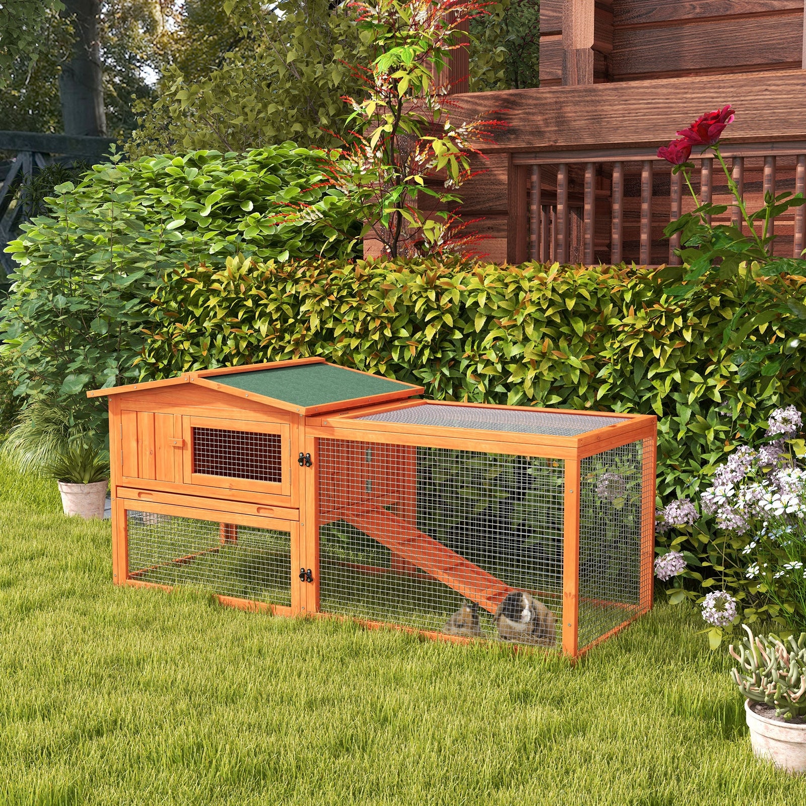 Rabbit Hutch with Run Wooden Guinea Pig Hutch Outdoor Bunny Cage Hide House with Sliding Tray, Hay Rack, Ramp, 156 x 58 x 68cm, Orange