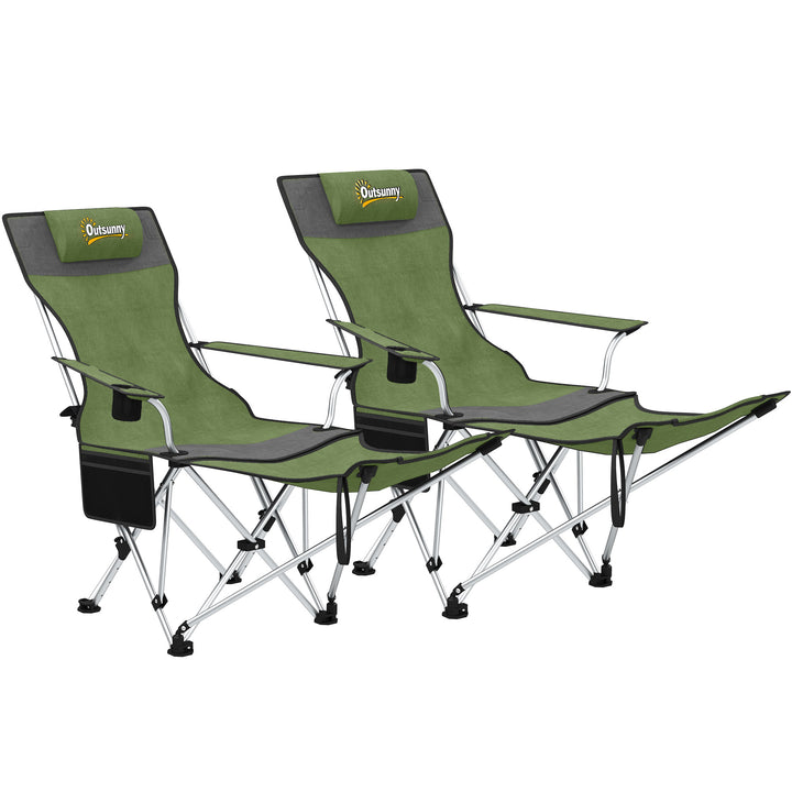 Set of 2 Reclining Folding Camping Chair w/ Detachable Footrest, Storage Bag, Cup Holder & Headrest, Lightweight Portable Camp Chair for Beach, Picnic, Olive Green and Grey