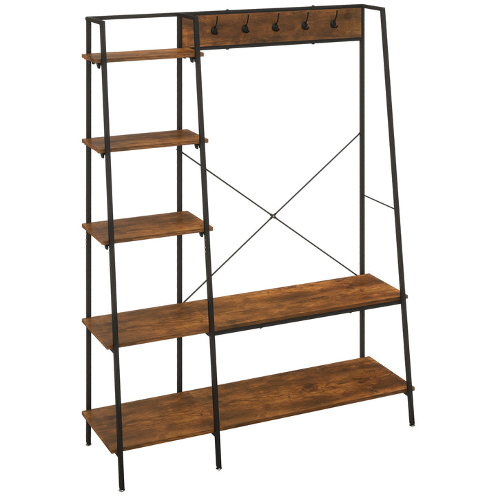 HOMCOM Hallway Unit, Free Standing Hall Tree w/ 2 Tier Shoe Rack, 5 Hooks, 5 Side Shelves & Steel Frame, Industrial Design, Brown, 117 x 38 x 169cm