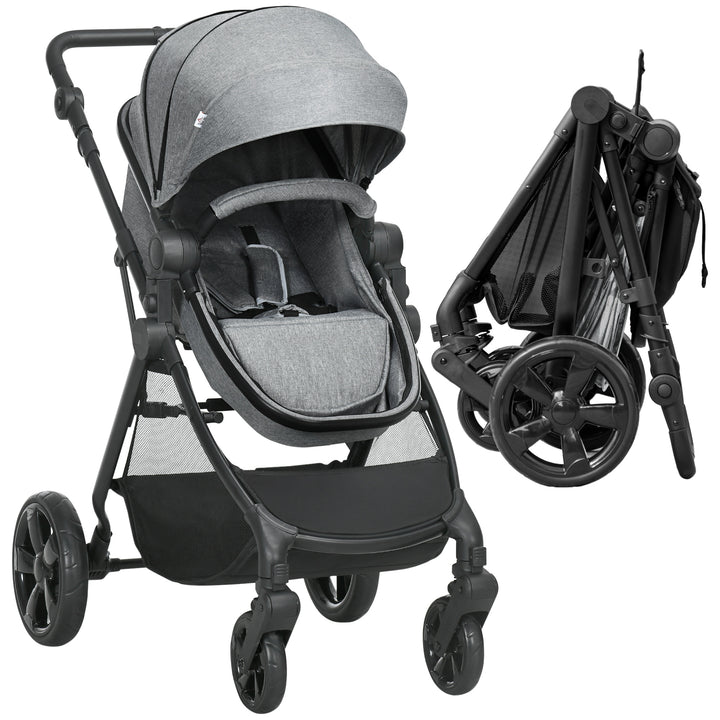 HOMCOM Pushchair 2 in 1, Lightweight Reversible Seat Stroller, Foldable & Fully Reclining for Newborn to 3 Years with 5-Point Harness, Grey