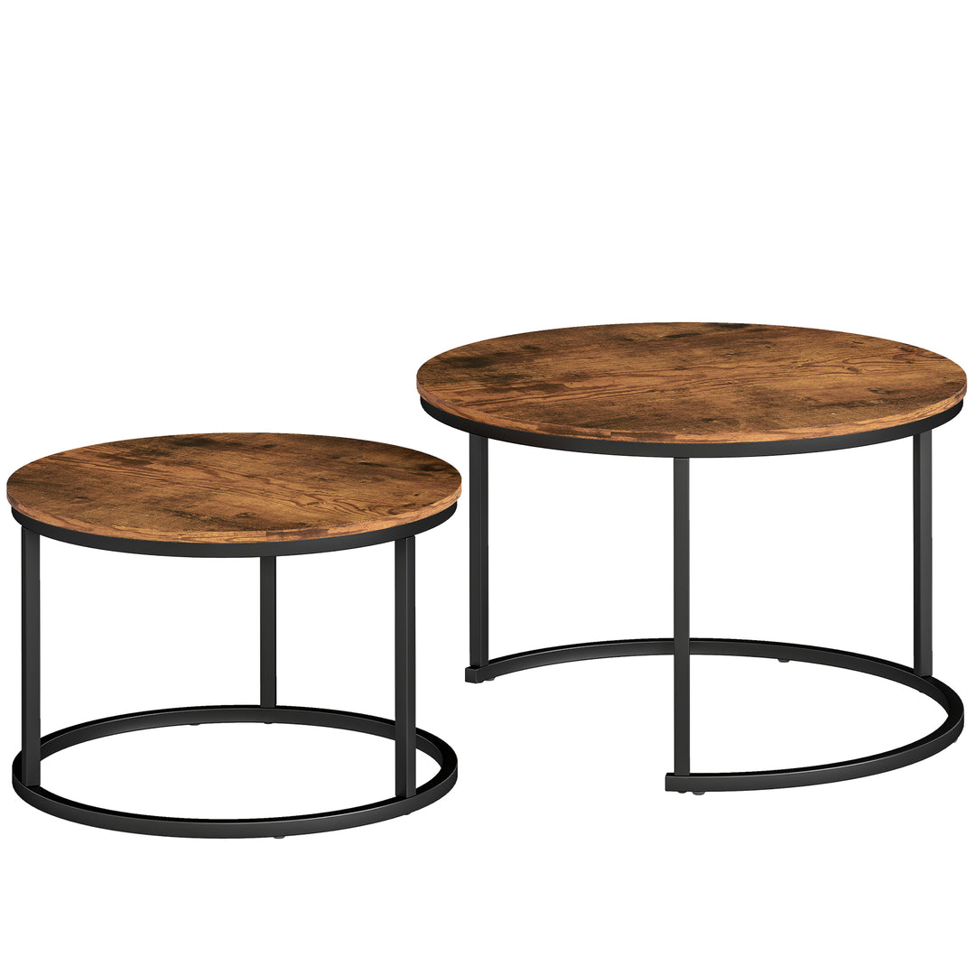 MCL Coffee Table Set of 2, Round Nest of Tables with Metal Frame, Modern Side Tables for Living Room, Rustic Brown