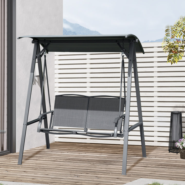 Outsunny 2 Seater Garden Swing Chair, Outdoor Canopy Swing Bench with Adjustable Shade and Metal Frame, Dark Grey