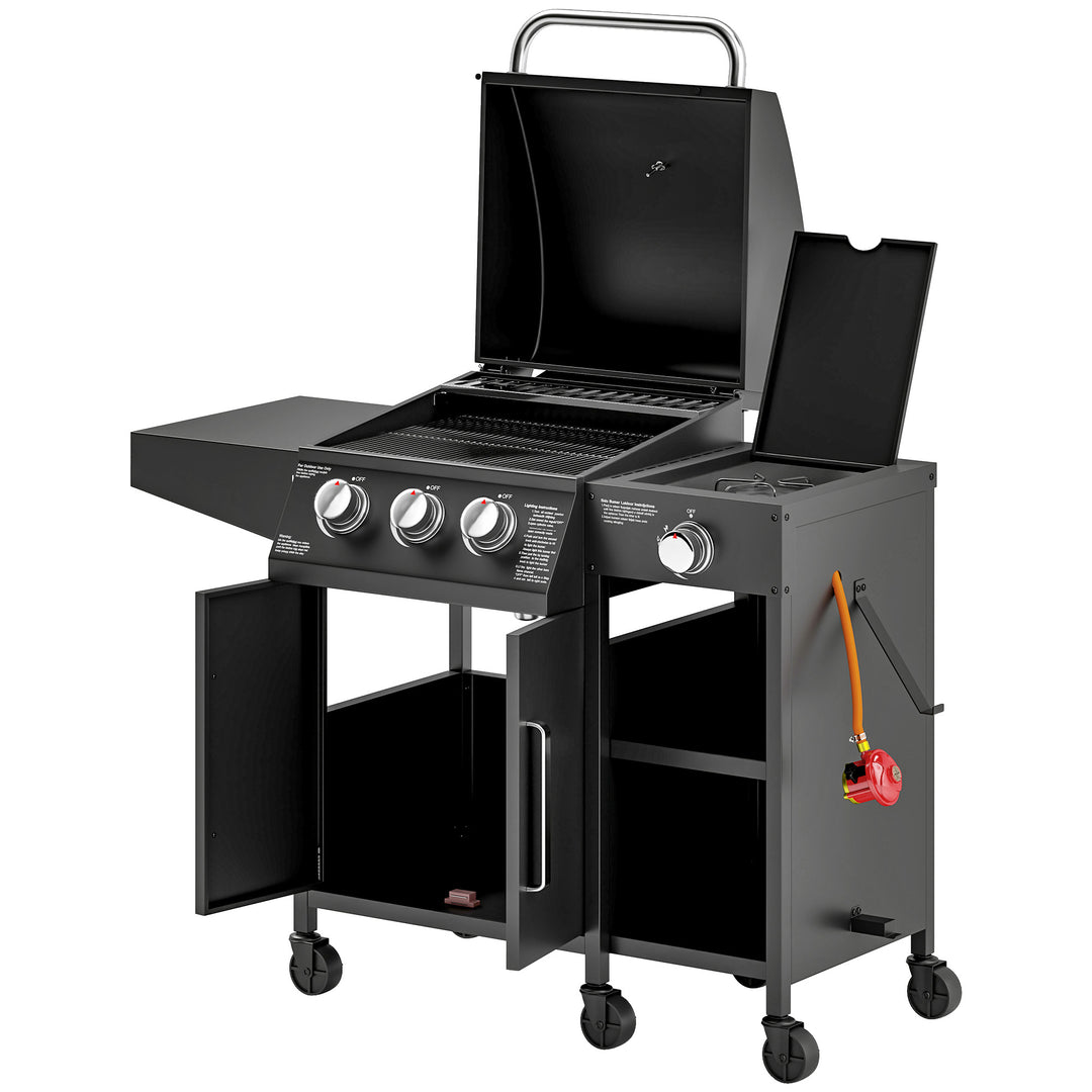 3+1 Burner Gas BBQ Grill with Storage Cabinet and Shelves, 9.5 kW Gas Barbecue Trolley with 6 Castor Wheels, Warming Rack, Thermometer for Outdoor Cooking Garden Party, Black