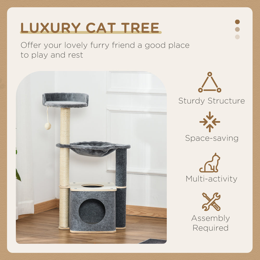 MCL Cat Tree for Indoor Cats 95cm Climbing Tower Kitten Activity Center with Sisal Scratching Post Perch Roomy Condo Hammock Removable Felt Hanging Toy, Grey