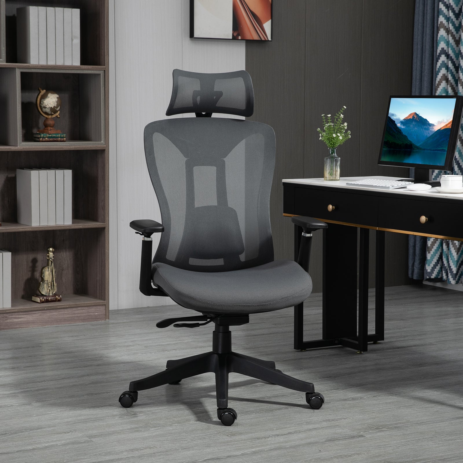 Mesh Office Chair, Ergonomic Desk Chair, Computer Chair with Adjustable Headrest and Lumbar Support, 135° Reclining Back and 3D Armrest for Home Office Study, Grey