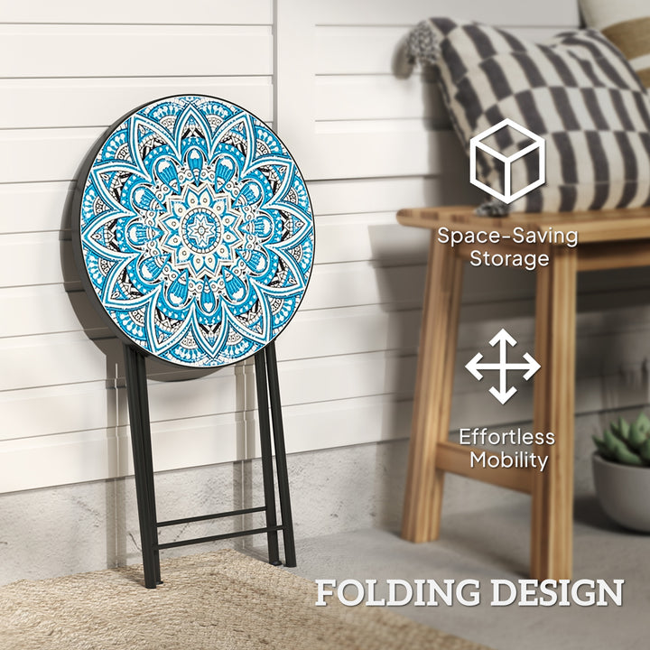 Mosaic Outdoor Garden Table, 35.5cm Round Folding Coffee Table with Metal Frame for Balcony Terrace, Blue