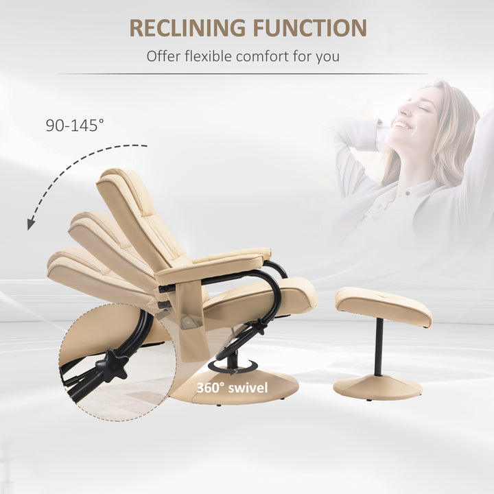 Swivel Recliner Chair and Footstool, Faux Leather Massage Recliner Armchair with Remote Control and Round Wrapped Base, Cream