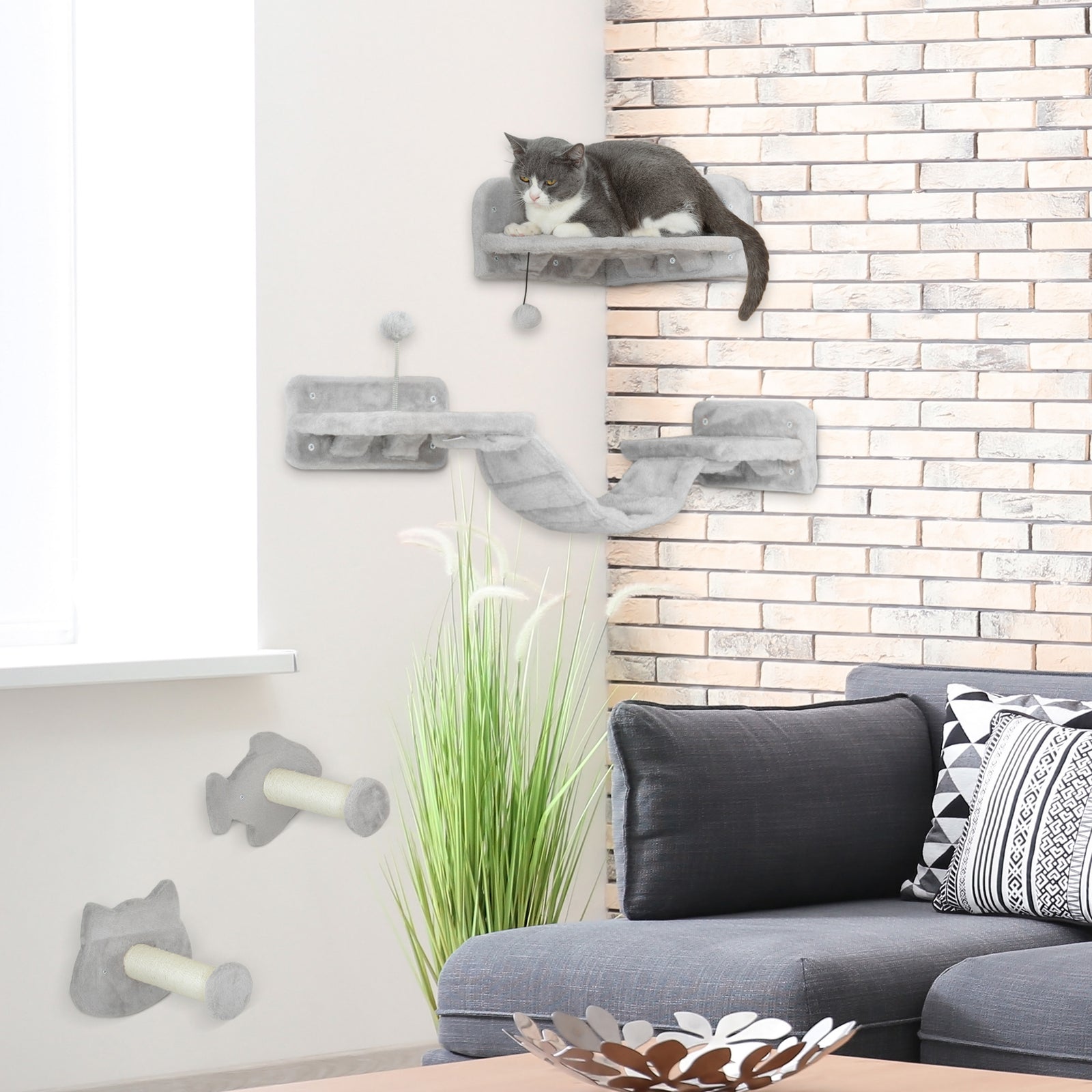 4-Piece Cat Wall Shelves with Steps, Ladder, Jumping Platforms, Light Grey