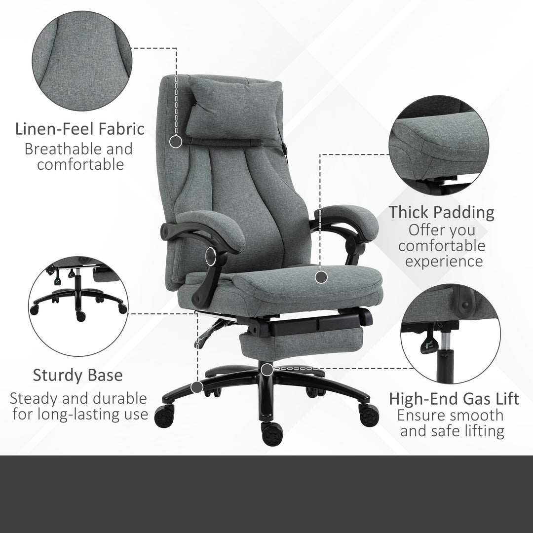 Office Chair, Fabric Desk Chair with Adjustable Massage Pillow, USB Power and Retractable Footrest, High Back, 360° Swivel, for Home, Grey