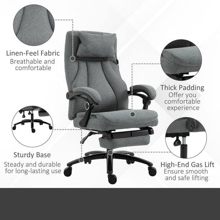 Office Chair, Fabric Desk Chair with Adjustable Massage Pillow, USB Power and Retractable Footrest, High Back, 360° Swivel, for Home, Grey