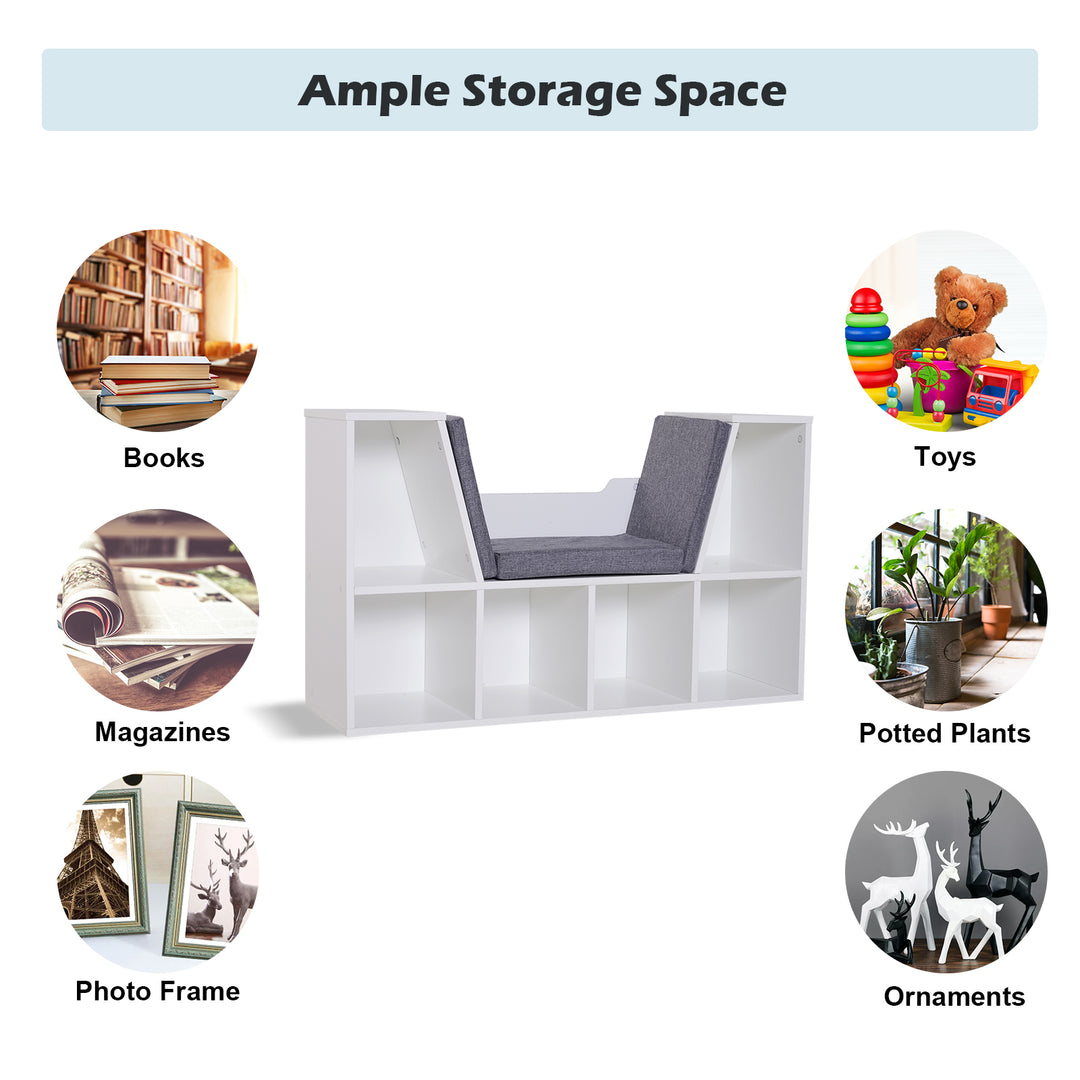 Bookcase Storage Shelf with Cushioned Reading Seat, Cube Bookshelf Organizer for Bedroom Living Room, White