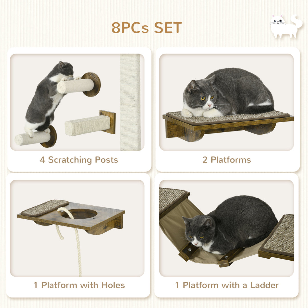 8Pcs Wall Mounted Cat Tree with Scratching Posts, Perches, Ladder, for Sleeping, Playing, Lounging - Brown