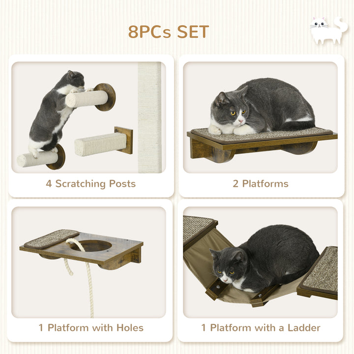8Pcs Wall Mounted Cat Tree with Scratching Posts, Perches, Ladder, for Sleeping, Playing, Lounging - Brown