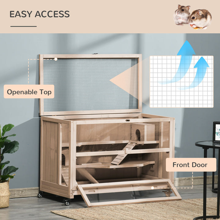 PawHut Wooden Hamster Cage, Mice Rodent Small Animals Kit Hutch, 3 Tiers Exercise Play House, with Wheels, Bottom Tray, 99 x 50 x 69 cm, Natural Wood