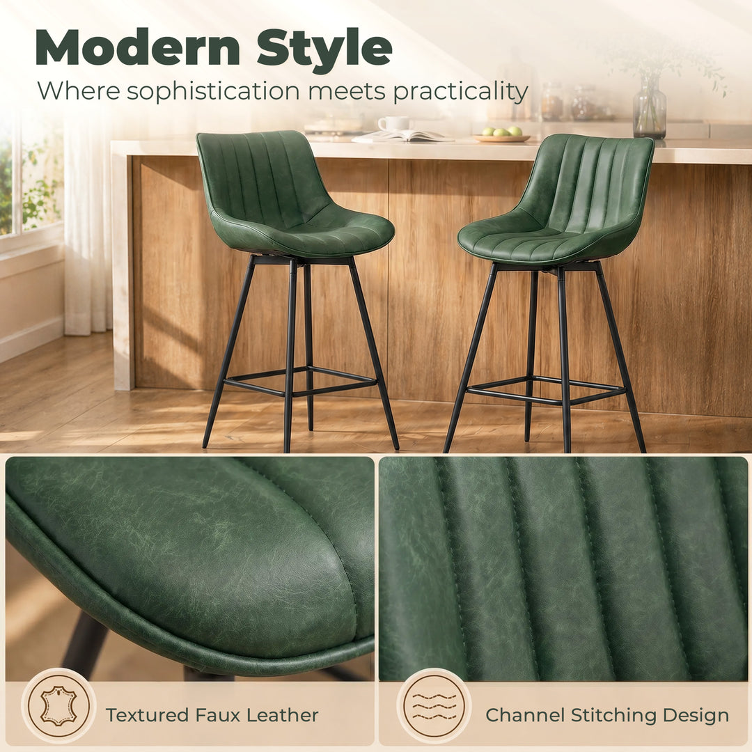 Set of 2 PU Leather Swivel Bar Stools - Dark Green