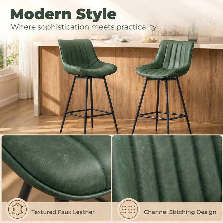 Set of 2 PU Leather Swivel Bar Stools - Dark Green
