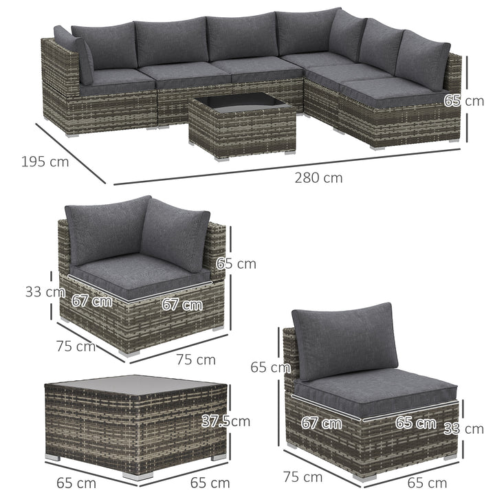 7 Pieces Outdoor PE Rattan Corner Sofa Set, Patio Wicker Conversation Chaise Lounge Furniture w/ Tempered Glass Table-top & Soft Padded Cushion for Garden, Backyard, Lawn, Dark Grey