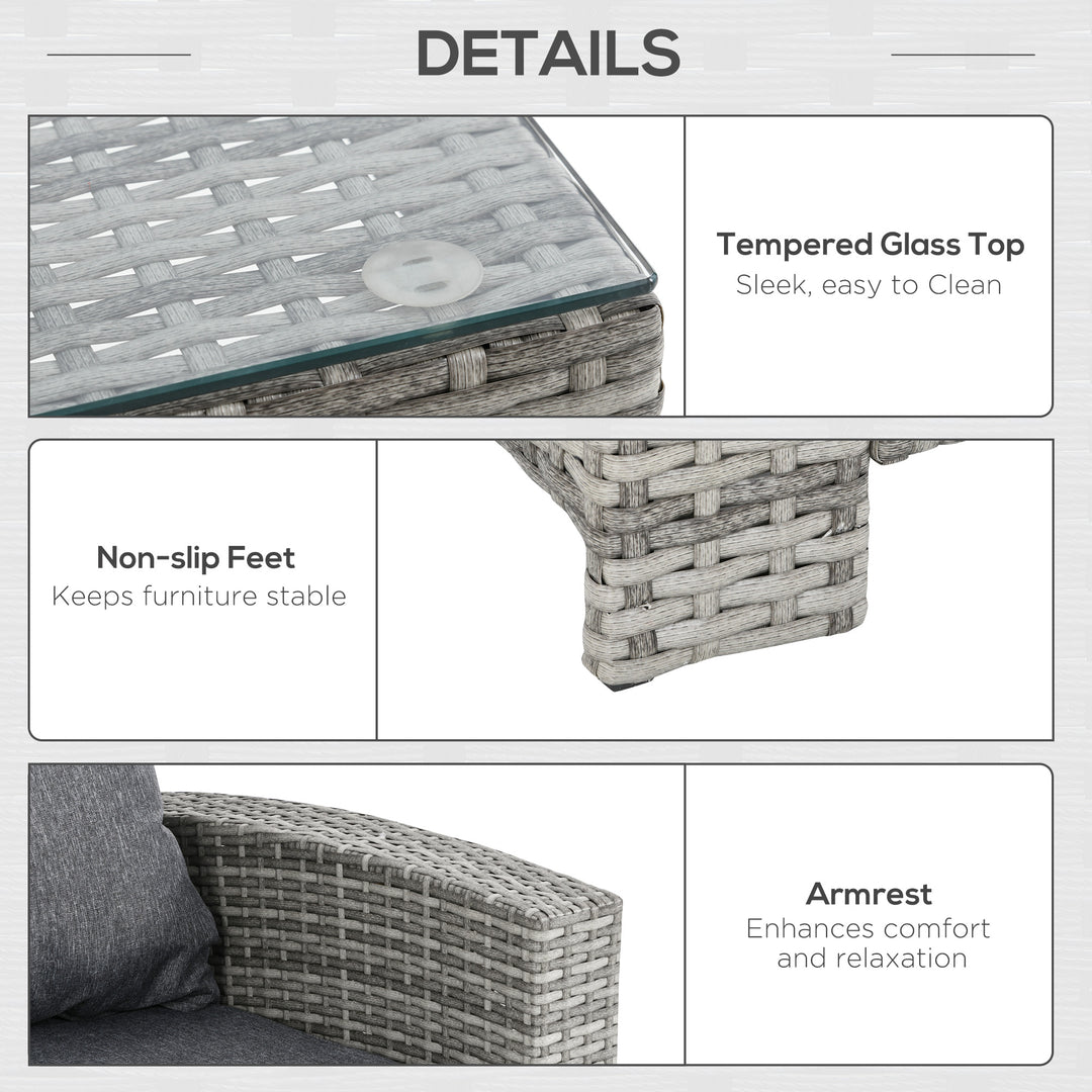 MCL 6 Pieces PE Rattan Garden Furniture Set with Three-seat, Armchairs and Footstools, Aluminium Patio Wicker Dining Sets w/ Glass Top Dining Table, Soft Cushion, Light Grey