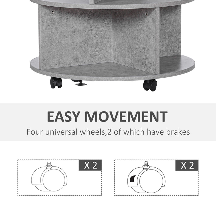 Round Coffee Table with Wheels, 3-Tier Rolling Side Table for Living Room with Divided Shelves, Cement Colour