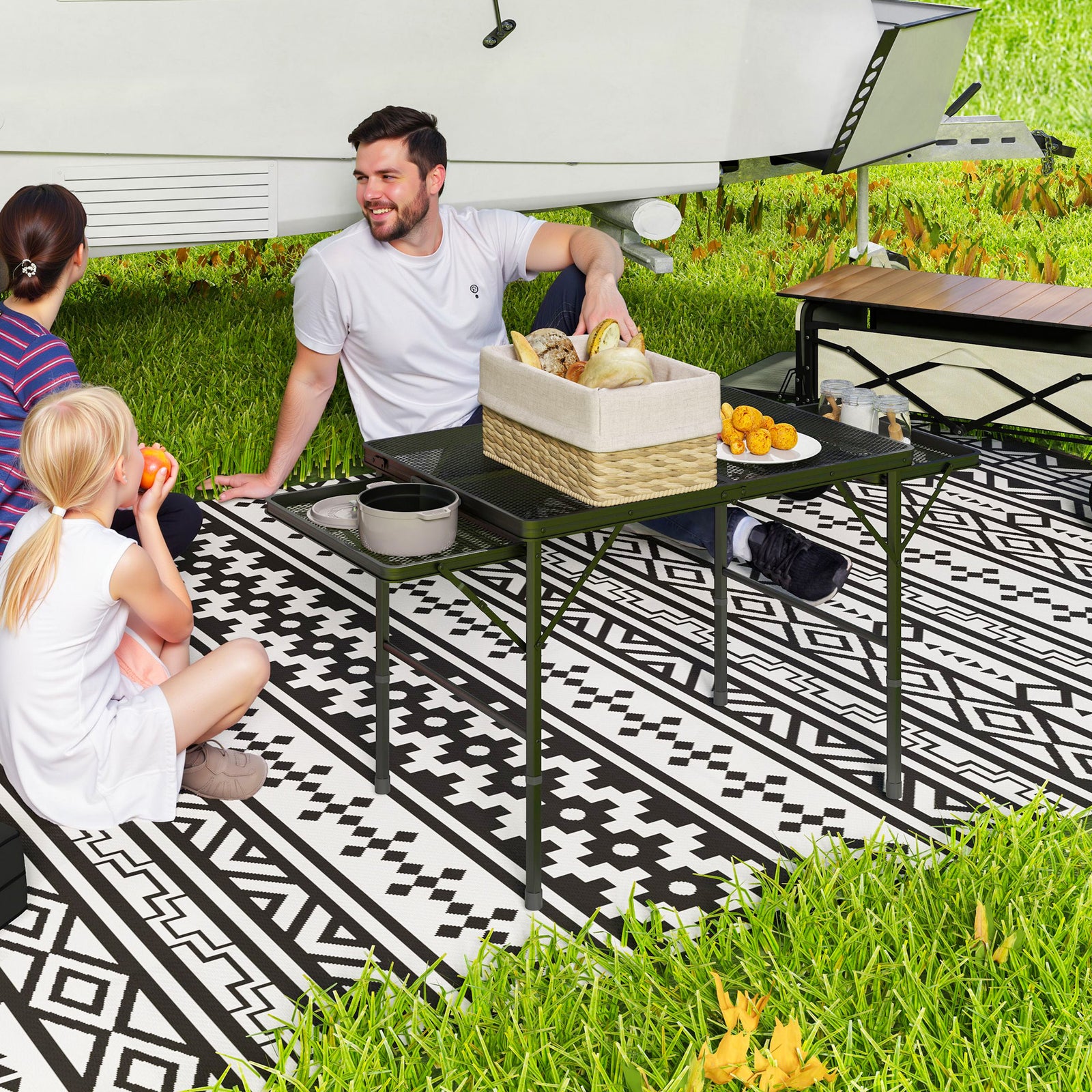 Folding Grill Table, 4.5ft Portable Camping Table with 2 Wing Panels, Height Adjustable Metal Picnic Table for Camping, Picnic and BBQ, Black