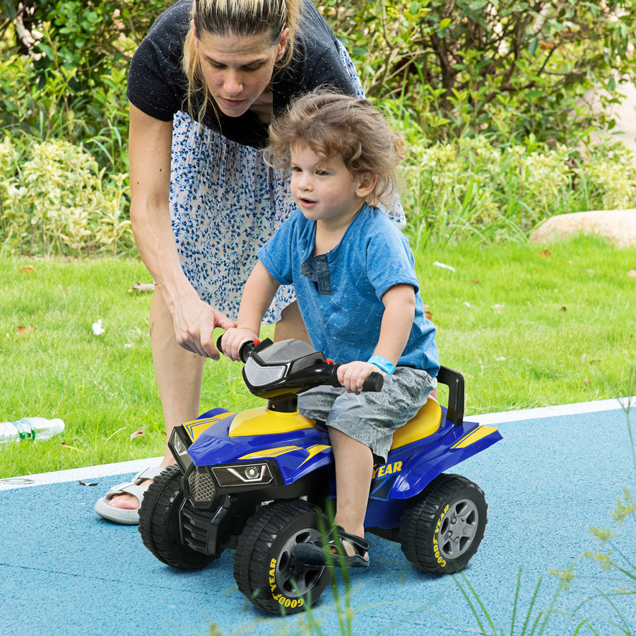 Baby Quad Bike Kids Ride On Car Goodyear Licensed Walker Foot To Floor Slider NO POWER w/ Lights Horn Storage Blue for 18-36 Months