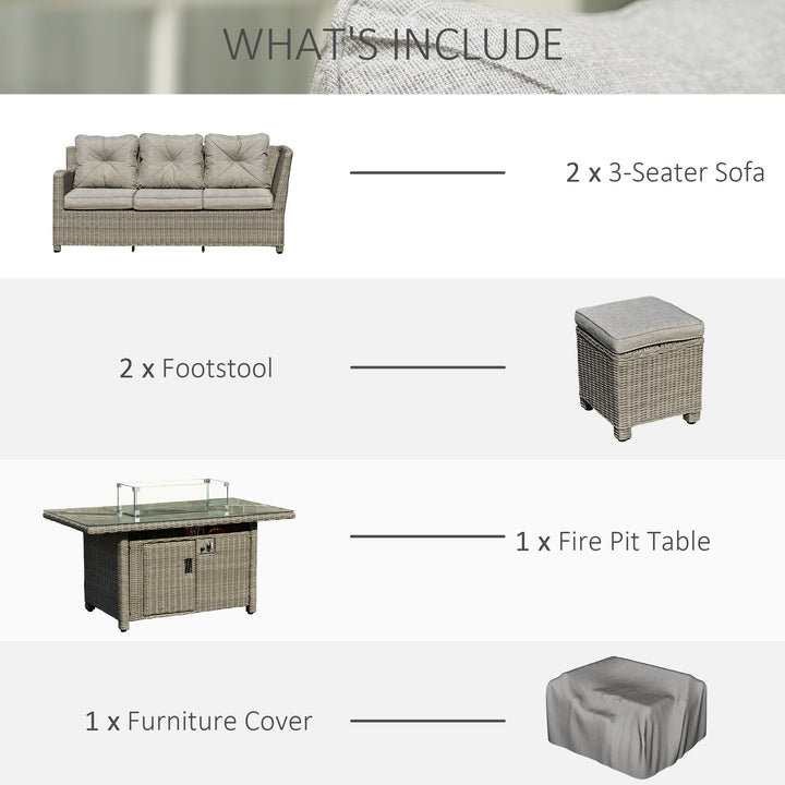 MCL 8-Seater Outdoor PE Rattan Sofa Set Conversation Set w/ Fire Pit Table, L-Shape Sofa, Footstool and Furniture Cover