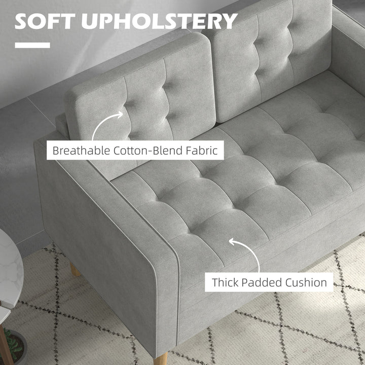 Modern 2 Seater Sofa with Hidden Storage, 117cm Tufted Cotton Couch with Wood Legs, Compact Loveseat for Living Room, Kitchen, Light Grey