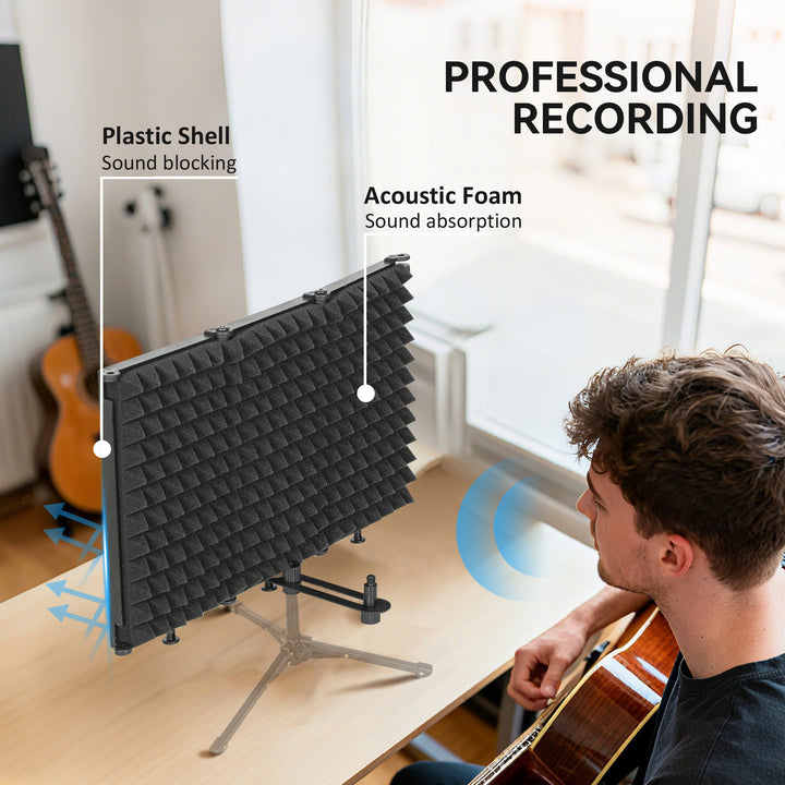 Studio Microphone Isolation Shield, Foldable Adjustable Recording Studio Equipment, 3-Panel High Density Absorbent Foam Shield with 3/8" Threaded Mount